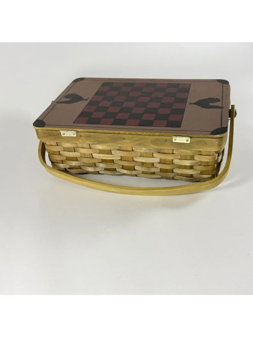 Handcrafted Wooden Checkerboard Picnic Basket With Handle 13